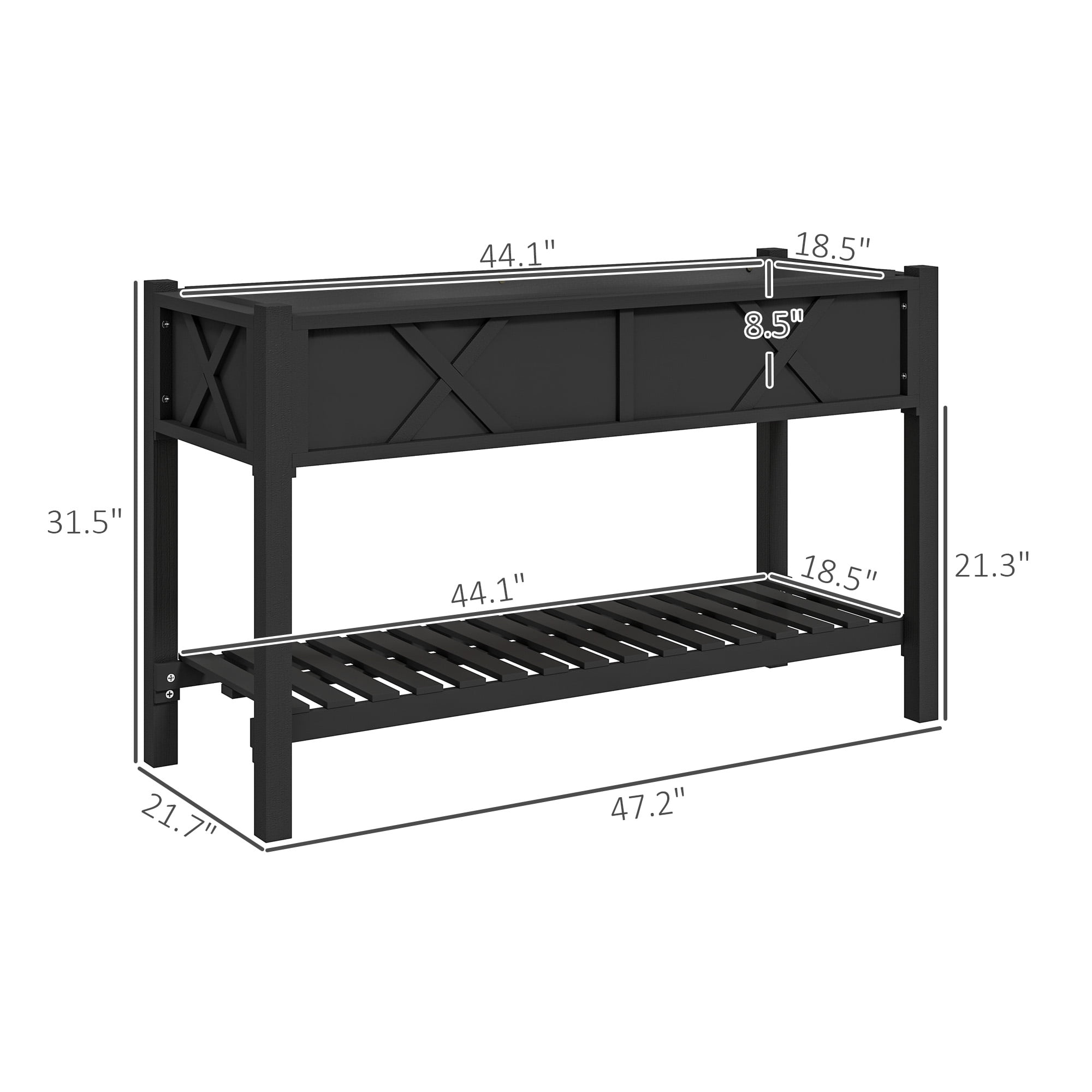 Elevated Wood Planter Box, Raised Garden Bed with Storage Shelf, Drainage Holes and Liner