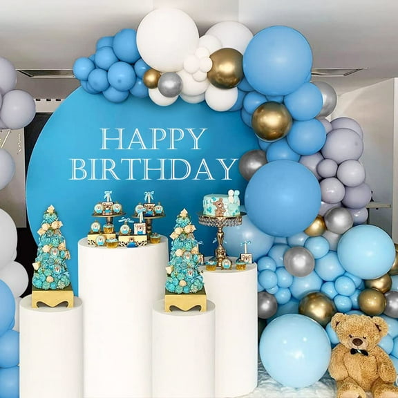 142 Pieces Balloon Garland Kit, Blue White Grey Latex Balloon, Silver Gold Metallic Balloons Chain, Blue Balloon Bow for Boy Birthday Party Wedding Decorations