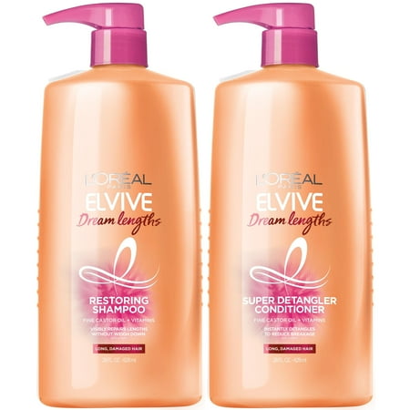 L'Oreal Paris Elvive Dream Lengths Restoring Shampoo and Detangler Conditioner Set with Castor Oil, 28 fl oz