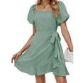 thumbnail image 2 of Women's Casual Summer Dress Square Neck Flounce Hem Basic Solid Outfit For Everyday Spring Travel Comfortable Lightweight Breathable, 2 of 2