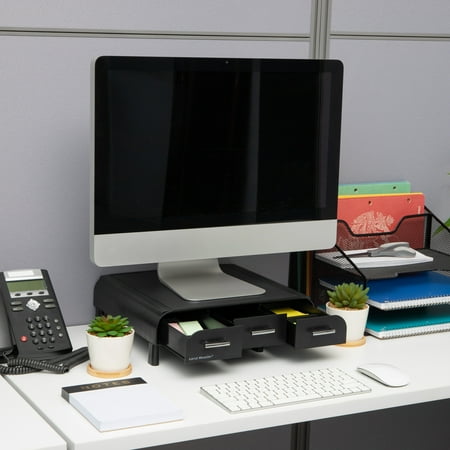 Mind Reader - Monitor Stand, Laptop Riser, Desktop Organizer, Storage Drawer, Office, Plastic, 13.5"L x 13"W x 4"H - Black
