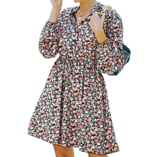 Femmes Manches Longues Bouton de Robe vers le Bas Imprimé Floral Robes d'Automne
