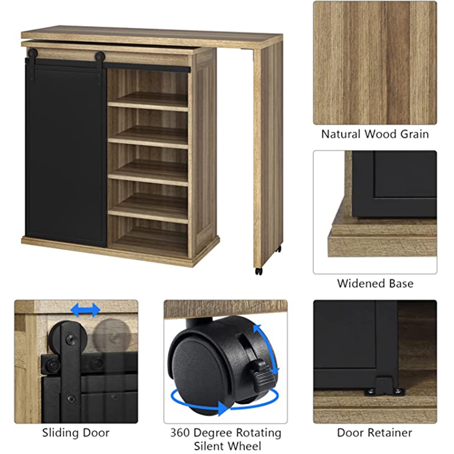 Kadyn 360° Rotatable Buffet Cabinet, Free Rotating Coffee Bar Table, Bar Cabinet Sideboard with Barn Sliding Door, Vintage Brown