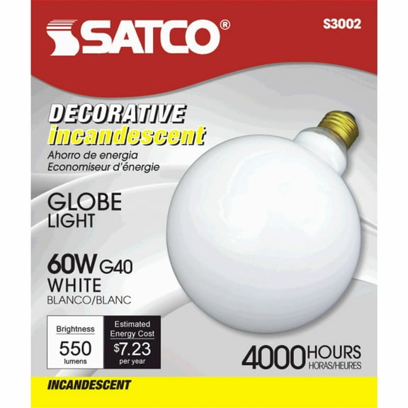 Satco S3002 - 60 watt G40 Incandescent; Gloss White; 4000 average rated hours; 550 lumens; Medium base; 120 volts