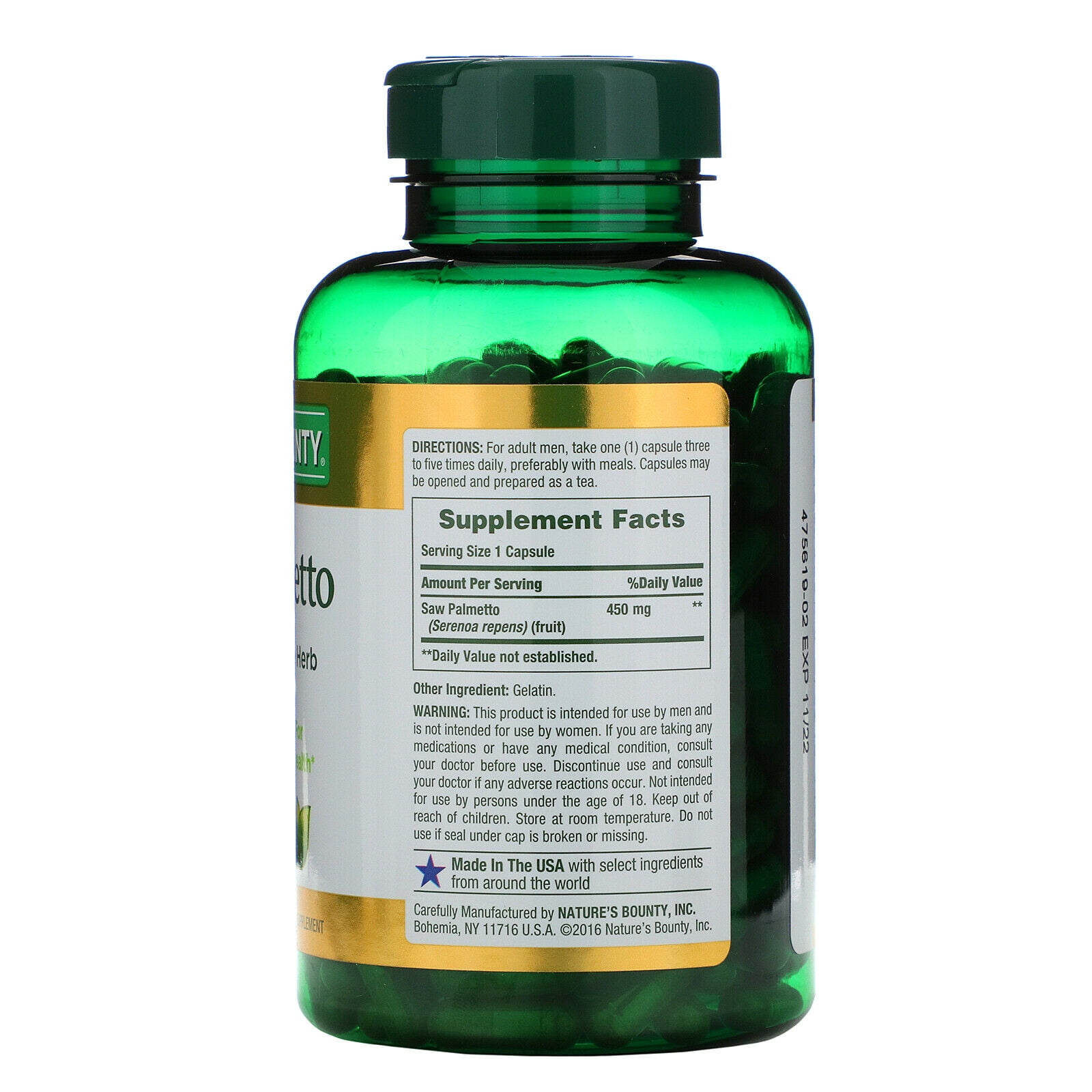 Nature's Bounty Saw Palmetto 450 mg Capsules 250 ea (Pack of 3)