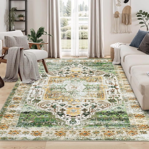 Garvee 9'x12' Area Rug Vintage Floral Print Rug Medallion Distressed Rug Non Slip Non Shedding Carpet Home Decor, Green Multi