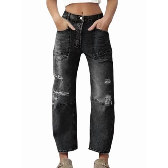 Women Baggy Distressed Jeans Boyfriend Patchwork Wide Leg Ripped Denim Pants Ankle Jean Trouser Chambray