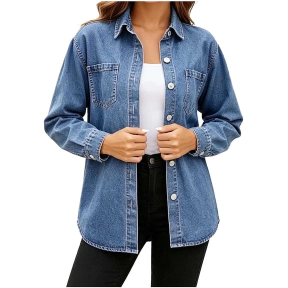 Denim Cardigans for Women Outwear Jacket Lapel Long Sleeve Shirts Solid Color Button Front Casual Coat with Pockets