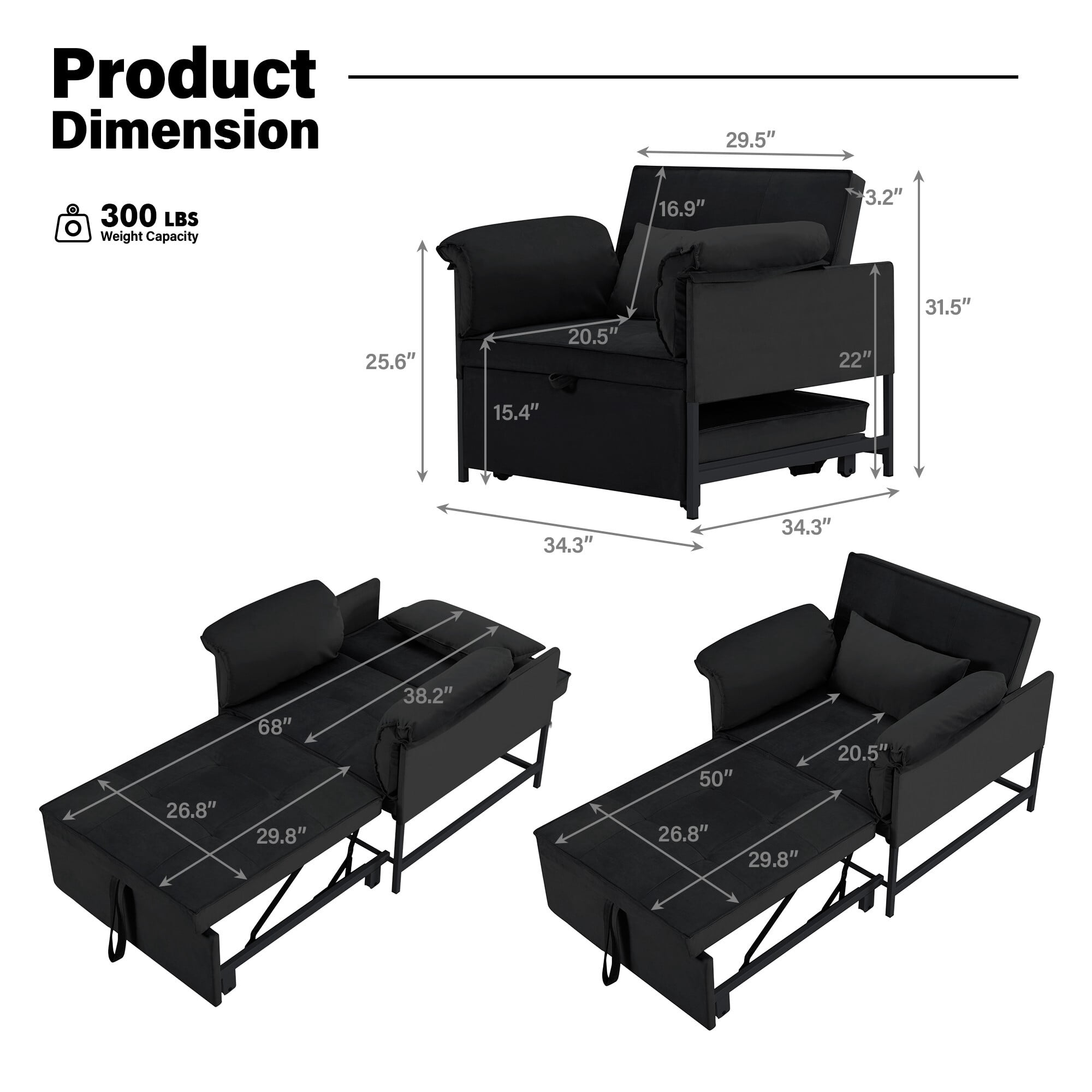AENKYO 3-in-1 Convertible Sleeper Chair Bed with Adjustable Backrest, Velvet Chaise Lounge Sofa for Small Spaces, Black