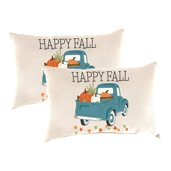 Jordan Manufacturing 12" x 18" Happy Fall Truck Beige Novelty Rectangular Outdoor Lumbar Throw Pillow (2 Pack)