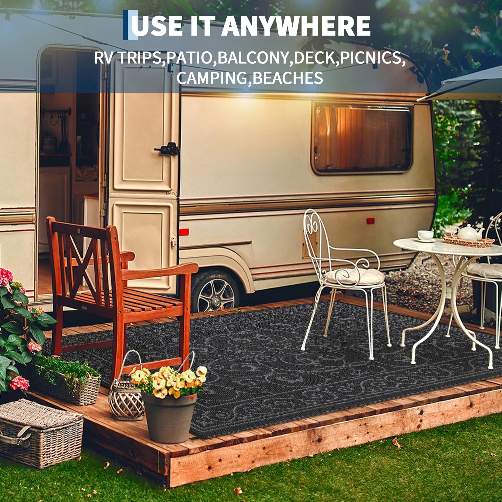 Garvee 8'x10' Outdoor Rug Waterproof Plastic Straw Rug, Reversible Outside Carpet UV Resistant Modern RV Mat for Backyard Garden Deck Poolside, Black