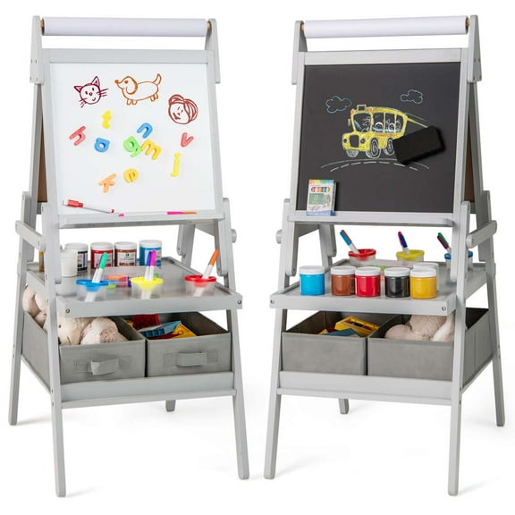 Costway 3-in-1 Art Easel for Kids with Magnetic Chalkboard & Whiteboard Paper Roll Gray/White/Pink/Green