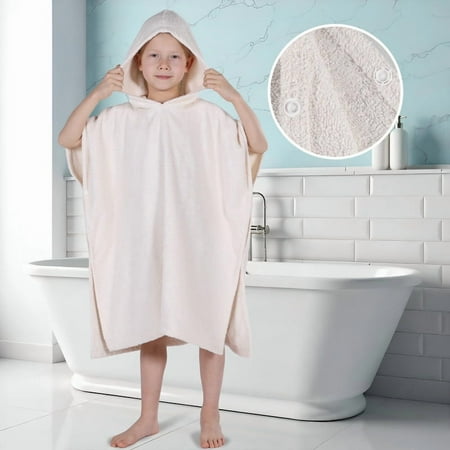 Superior Lyron Kids Cotton Terry Medium Weight Hooded Poncho Bath Towel, Small/Medium, Ivory
