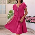 thumbnail image 4 of Vestido de Verano para Mujer, de Corta, con Botones, Cuello en V, Holgado, Informal, Fluido, Plisado, Maxivestido , Color Rosa y Rojo, Talla S, 4 of 5