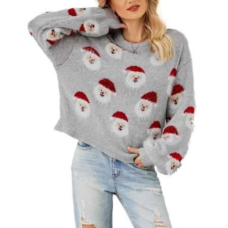 Christmas Sweaters for Women Juniors 2024 Cute Santa Claus Patch Trendy Pullover Sweters Lantern Sleeve Cropped Sweater Shermie