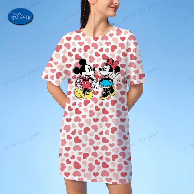 New Hot Ladies Fashion Casual Loose Midi Dress Ladies Casual Knee length Skirt Cute Disney Mickey Mouse 3D Print T Shirt DressL Gao Jinjia LED