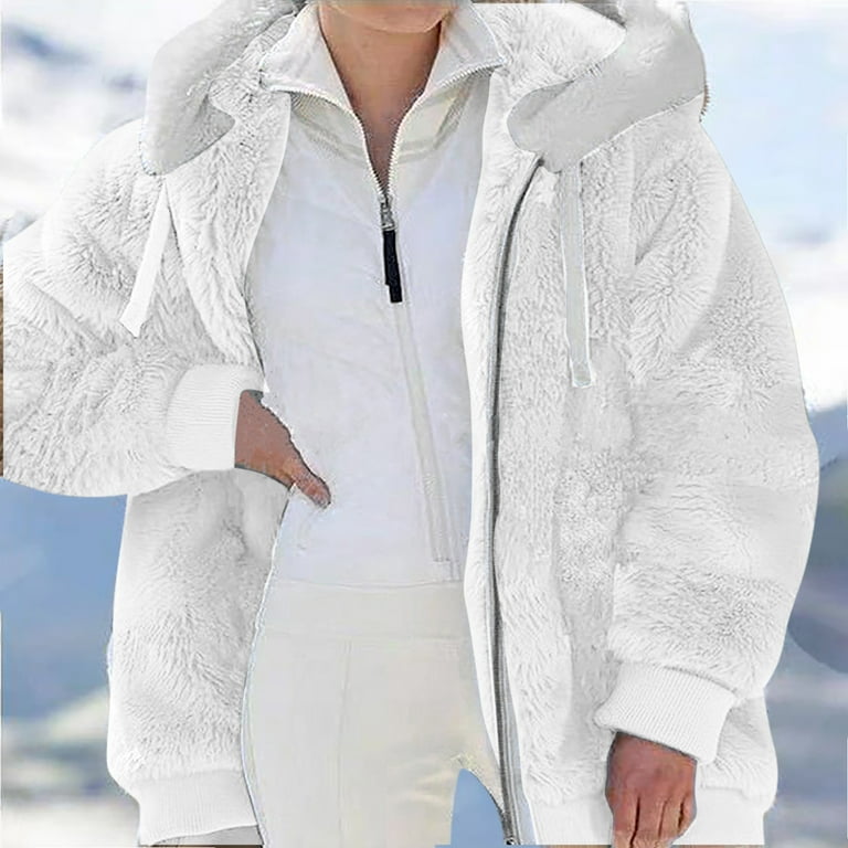 Stamzod Womens 2022 Winter Fuzzy Fleece Jacket Plus Size Winter Warm Loose  Plush Zip Hooded Jacket Coat with Pockets White M 