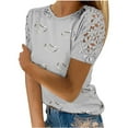 thumbnail image 1 of Fiudx Camisetas para Mujer Mujeres Casual Impresión Cuello Redondo Encaje Ahueca Hacia Fuera Manga Corta Jersey Blusa Camiseta Tops, 1 of 5