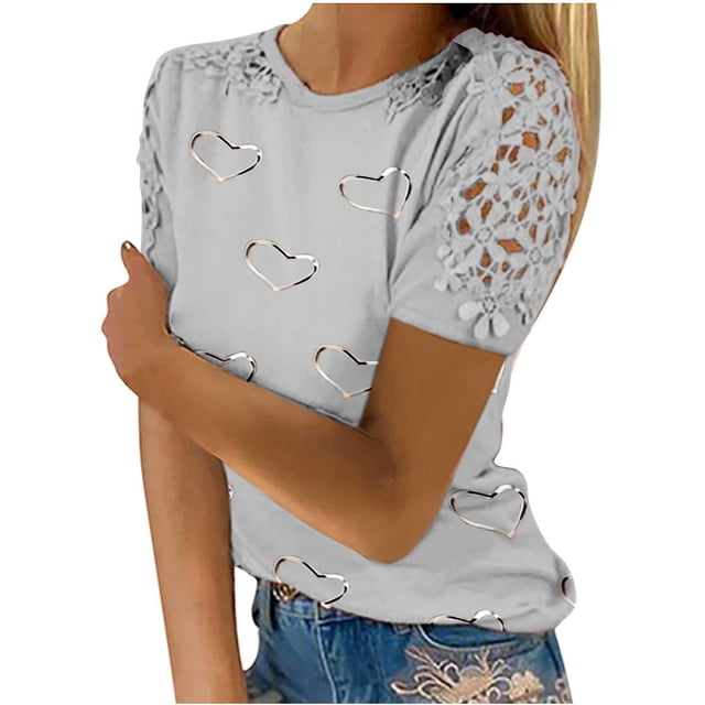 Fiudx Camisetas para Mujer Mujeres Casual Impresión Cuello Redondo Encaje Ahueca Hacia Fuera Manga Corta Jersey Blusa Camiseta Tops