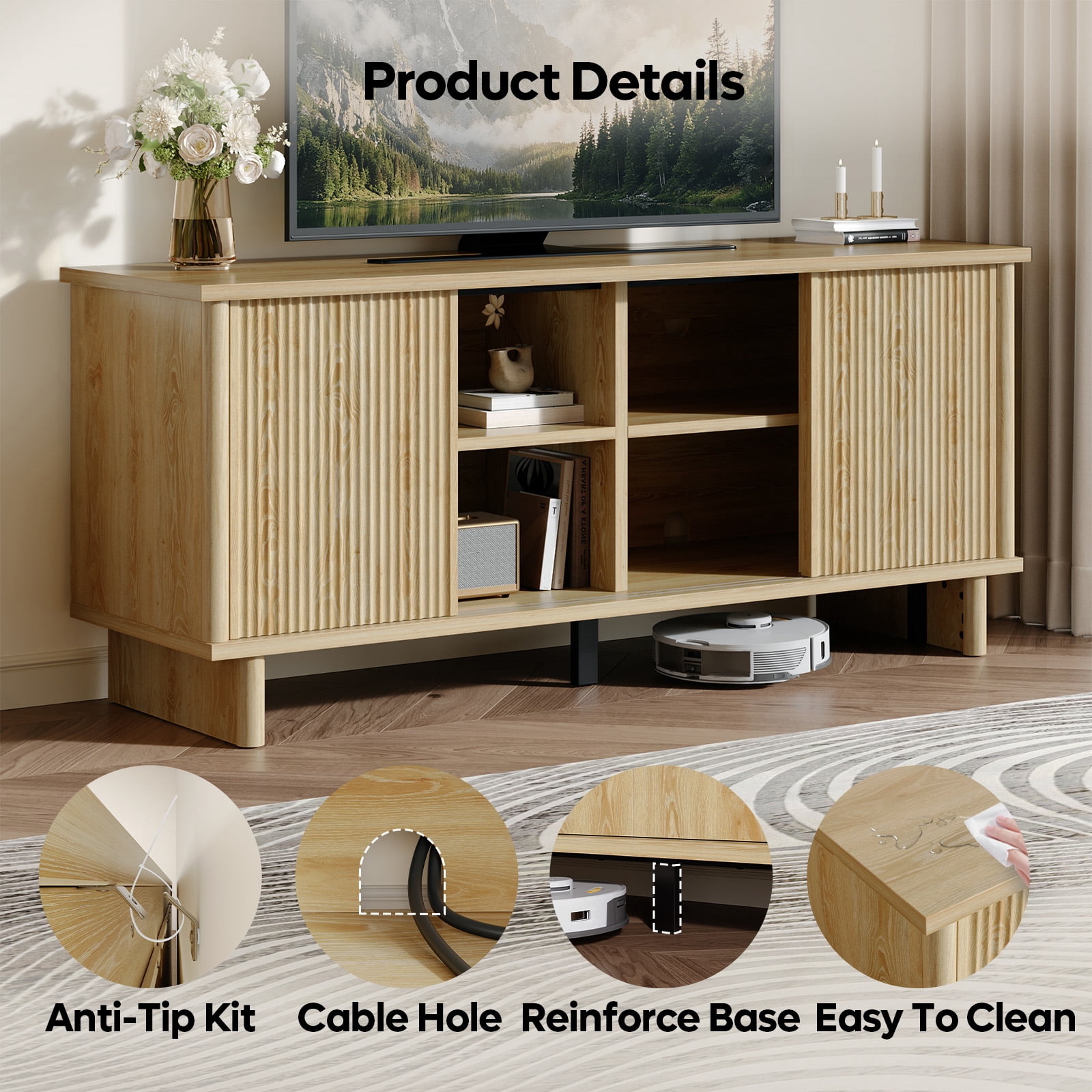 Bestier Fluted TV Stand for 65 inch TVs,Entertainment Center with 4-Sliding Doors,Height Adjustable Shelves,Media Console Table with Cable Management, TV Cabinet for Living Room,Natural Oak