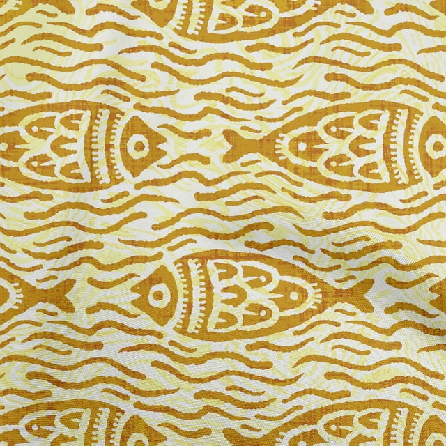 oneOone Cotton Poplin Dark Mustard Fabric Asian Block Fish Craft Projects Decor Fabric Printed By The Yard 56 Inch Wide