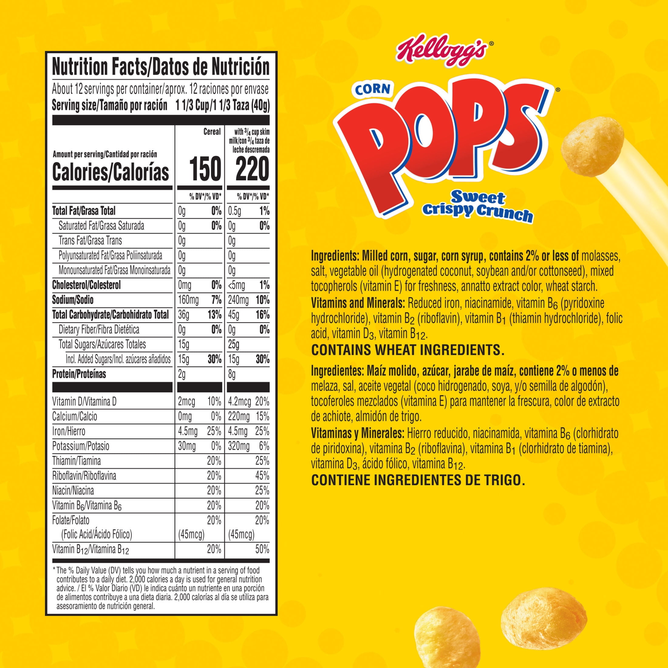 (6 pack) Kellogg's Corn Pops Original Breakfast Cereal, 8 Vitamins and Minerals, Family Size, 16.4  oz
