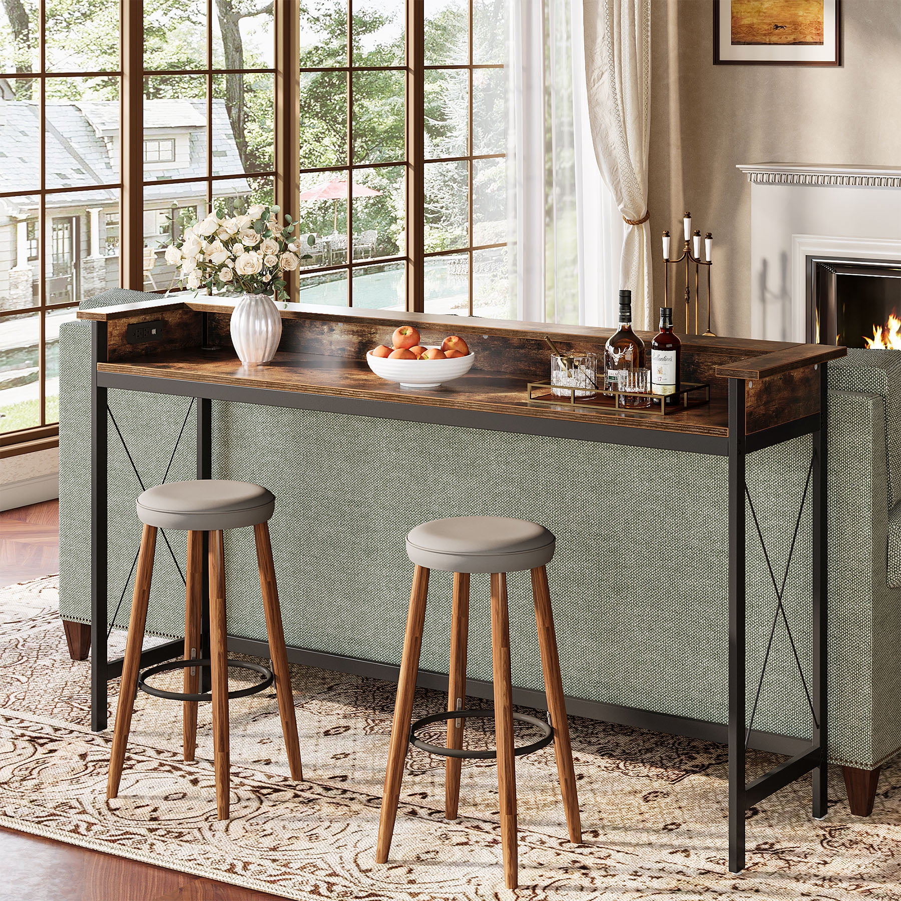 Tribesigns Industrial Sofa Table, 70.9" Long Console Table with Outlets and USB Ports for Entryway, Living Room, Brown