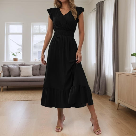 ClodeEU Women's Ruffle Sleeve V Neck Tunic Midi Dress,Casual Loose Summer Flowy Dress Black,Women's Plus L
