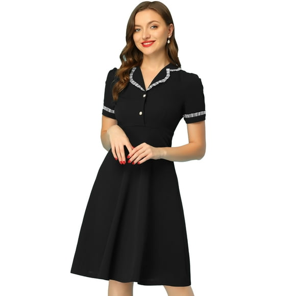 Vestido elegante para mujer con cuello Peter Pan con volantes Negro M