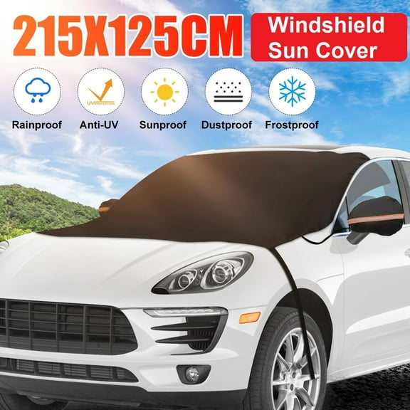 85 x 49in Universal Car Windshield Sun Snow Cover, with Removable Mirror Cover Protector, Waterproof Snow Shield Sunshield Protector Anti UV Frost DustProof for Most Cars Trucks Vans and SUVs, Black