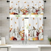White Pumpkins Kitchen Curtains Autumn Leaves Window Curtains Valance and Tier Set 36 Inch, Thanksgiving Flower Rod Pocket Short Tier Curtain for Room, Watercolor Small Cafe Kitchen Decor