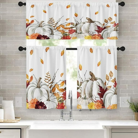 White Pumpkins Kitchen Curtains Autumn Leaves Window Curtains Valance and Tier Set 36 Inch, Thanksgiving Flower Rod Pocket Short Tier Curtain for Room, Watercolor Small Cafe Kitchen Decor