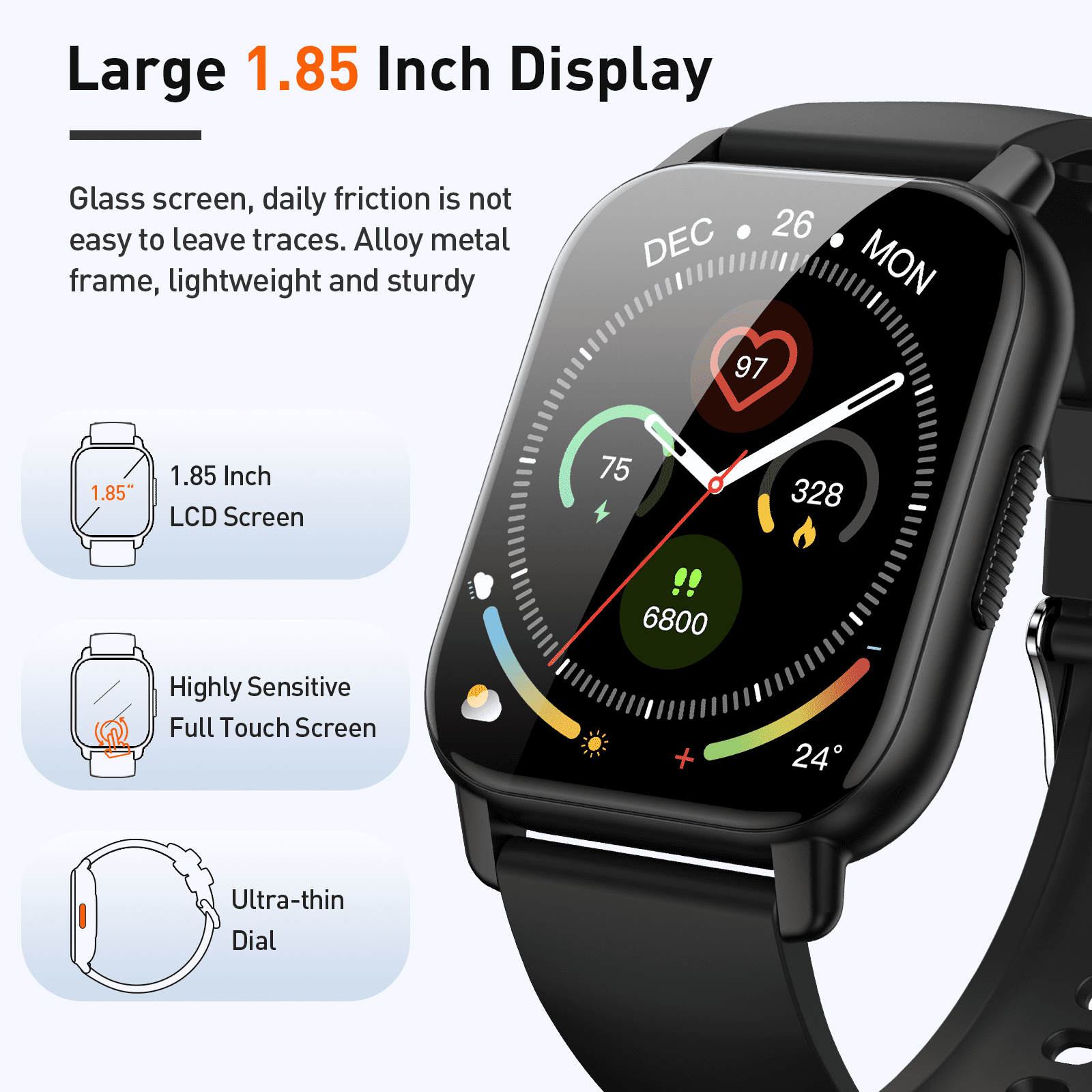 Smart Watch for Men Women, 1.85 Smartwatch (Answer/Make Calls), 112 Sports Modes Fitness Watch, IP68 Waterproof Watches Heart Rate/Sleep Monitor, Pedometer, Activity Tracker for Android iOS, Black