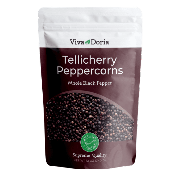 Viva Doria Tellicherry Peppercorn Whole Black Pepper Steam Sterilized for Grinder Refill 12 oz
