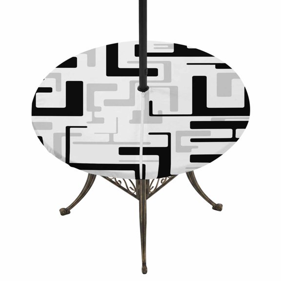 Outdoor Tablecloth with Umbrella Hole and Zipper Black Geometric Stripes Round Fitted Table Cover with Elastic Waterproof Modern Abstract Lines Patio Tablecloths for Picnic BBQS Garden Fit 45"-54"
