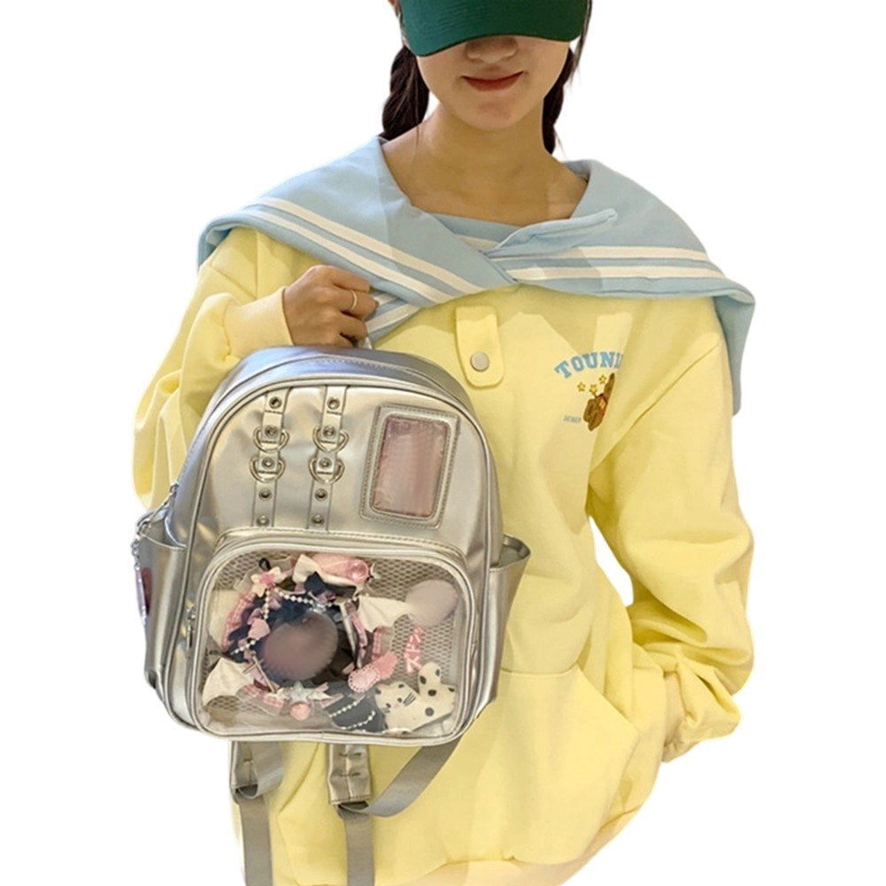 Vjnyvs Mini Transparent Backpack Pin Display Bags Lolita Shoulder Bag with Clear Window Casual Rucksack for Work Travel Sports