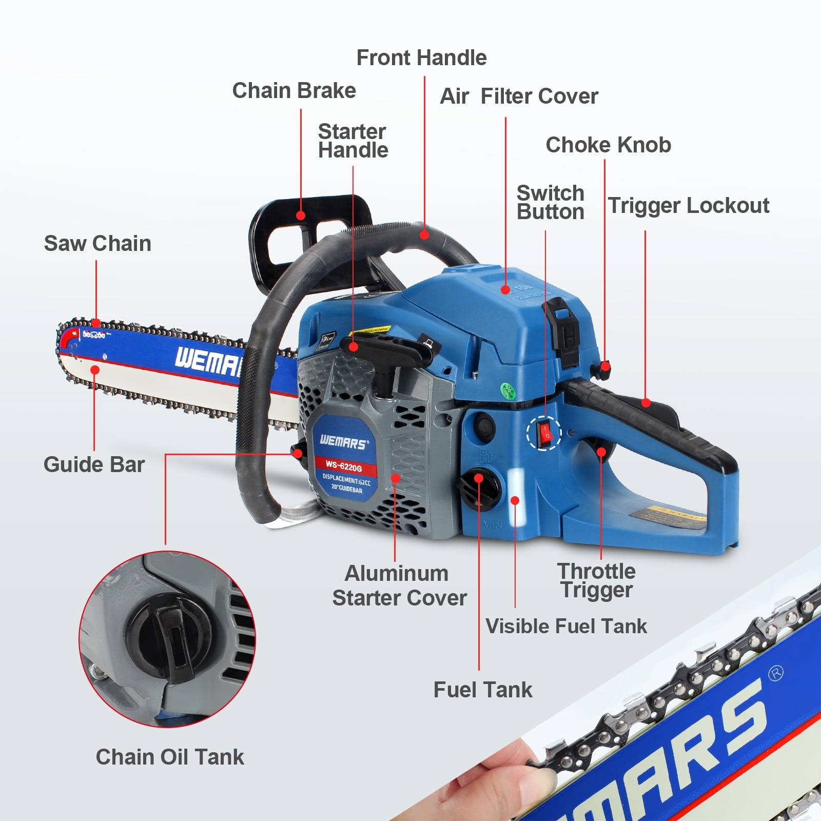 WEMARS 20" 62cc 2-Cycle Gas Powered Handheld Chainsaw