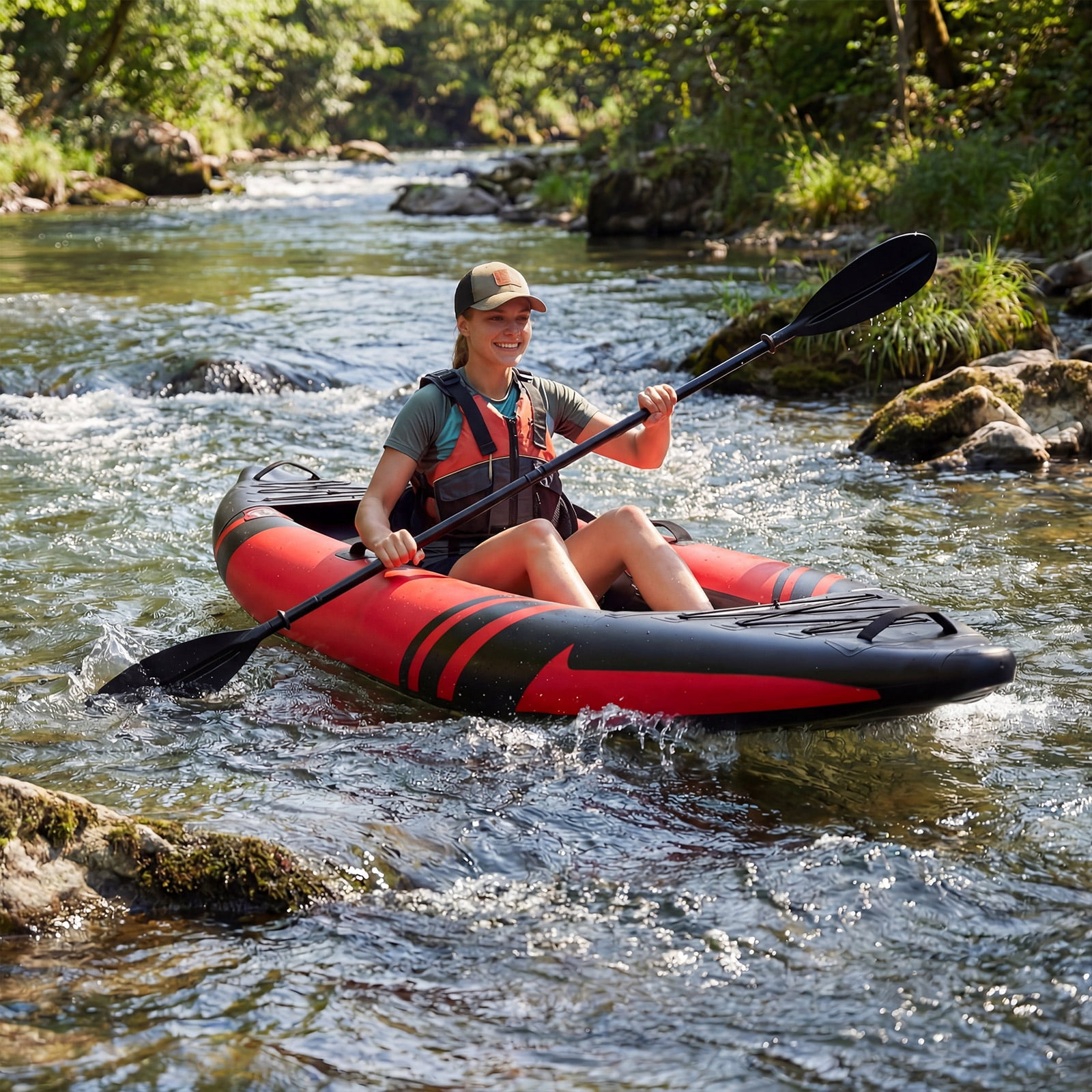 Danrelax 1-Person Inflatable Kayak with Drop-Stitch Floor, Lightweight, Portable, Durable Solo Kayak for Fishing, Touring, and Recreational Paddling, Red