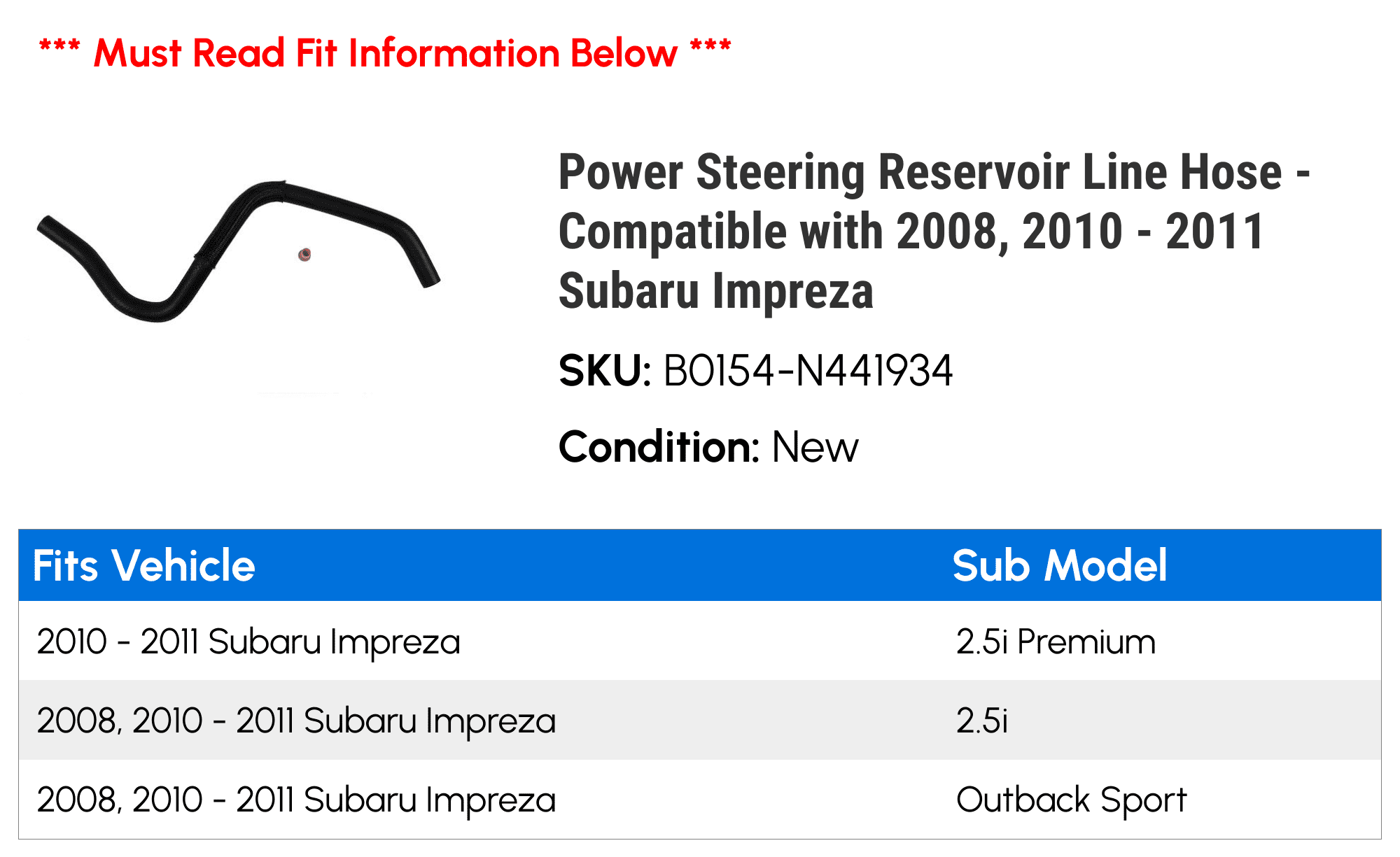 Power Steering Reservoir Line Hose - Compatible with 2008, 2010 - 2011 Subaru Impreza