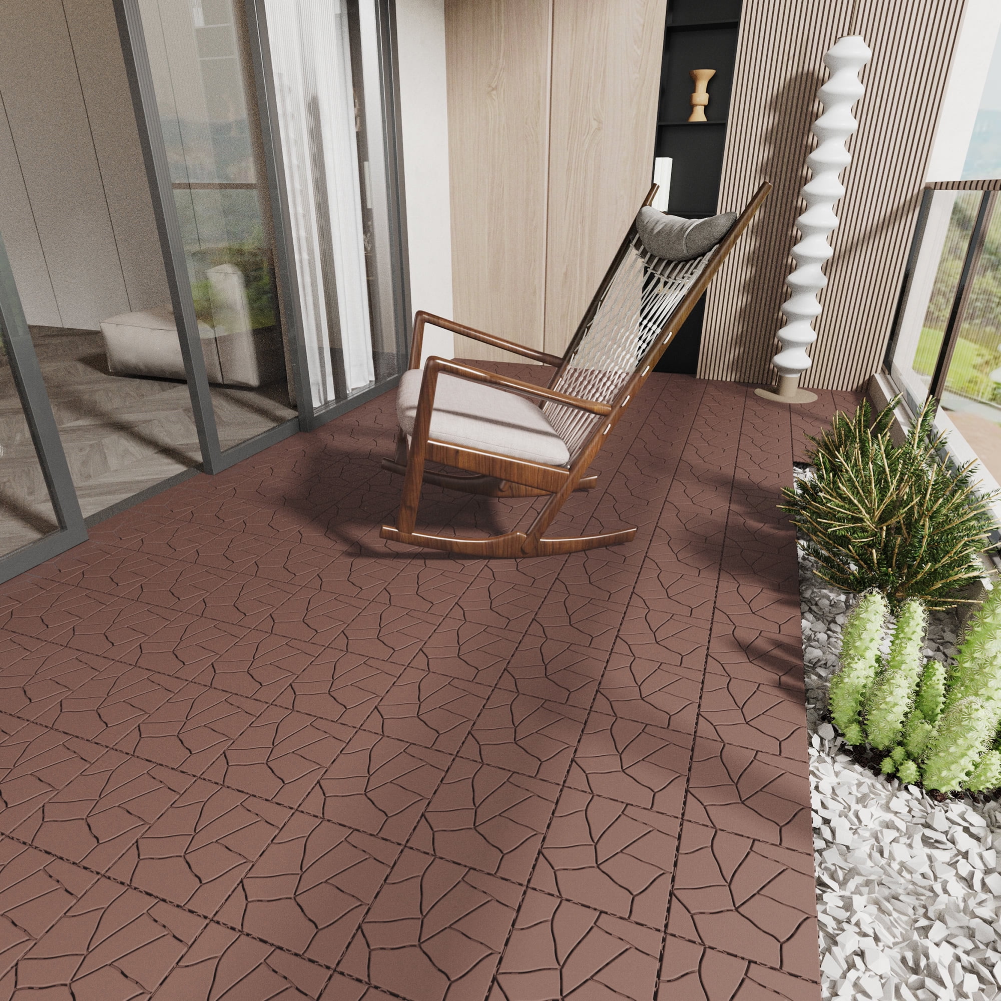 Miniyam 44 Pcs Interlocking Deck Tiles, 12" x 12", Polypropylene, for Outdoor, Patio Balcony, Brown