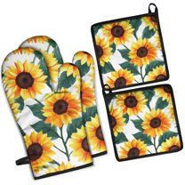 Sunflower Pattern Kitchen Oven Mitt and Pot Holder Sets 4 Pcs for Baking, Cooking and Grilling, Heat Resistant Up To 392 °F