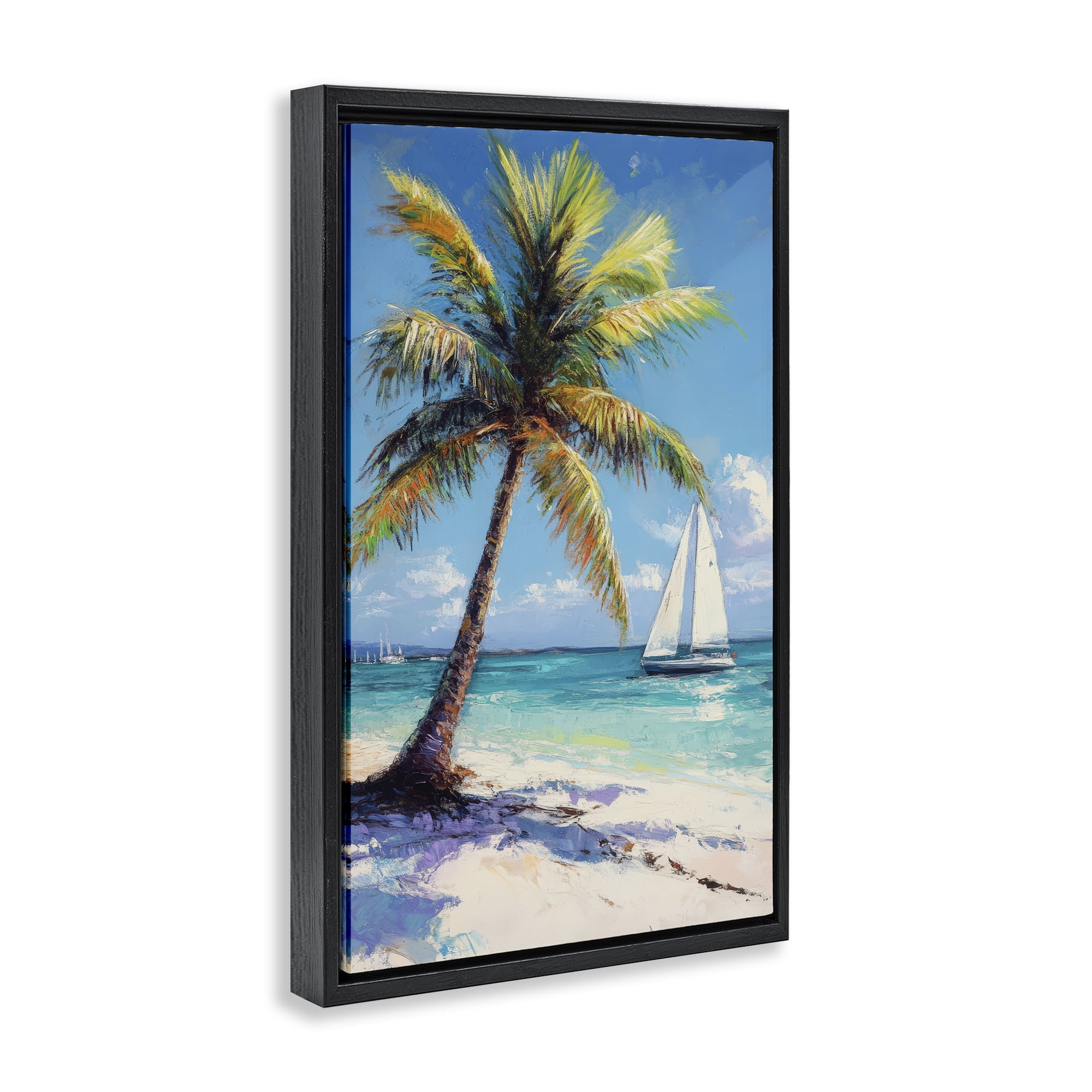 Stupell Industries Palms & Sails Beach View Black Framed Floater Canvas Wall Art, design by Petal Prints Design