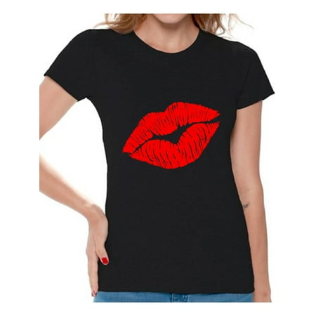 

Red Lips T-Shirt for Women Stylish Sleep Shirt Women Novelty Tees Funny Graphic Tees for Girls Lips Print Top Kiss Tshirt