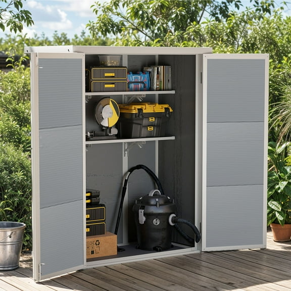 Uforic 49 Cu Ft Outdoor Vertical Storage Shed with Floor & 2 Shelves, Waterproof, Lockable (Gray)