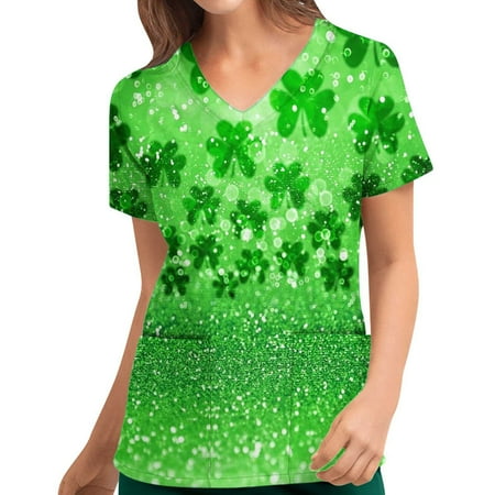

St. Patrick s Day Scrub Tops Women Easter Scrubs Nurse Working Uniforms Print V Neck Short Sleeve Medical Scrub Shirts