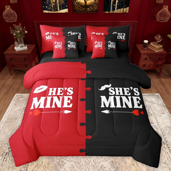 jejeloiu Love Couple 7-Piece Twin Bedding Sets,Happy Valentines Day Bedding Comforter Set,Red Black Sheet Sets For Girls Boys,Microfiber Bedroom Decor Reversible