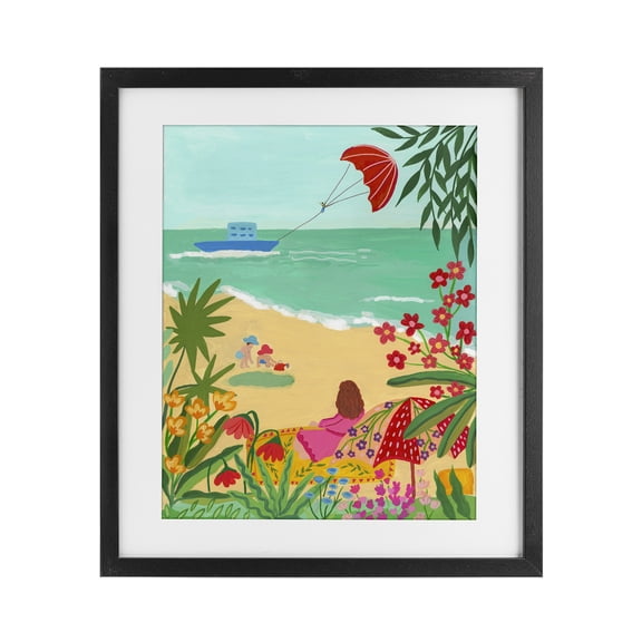 Beach And Flowers View Black Framed Print Under Glass, design by Nabeela Rumi