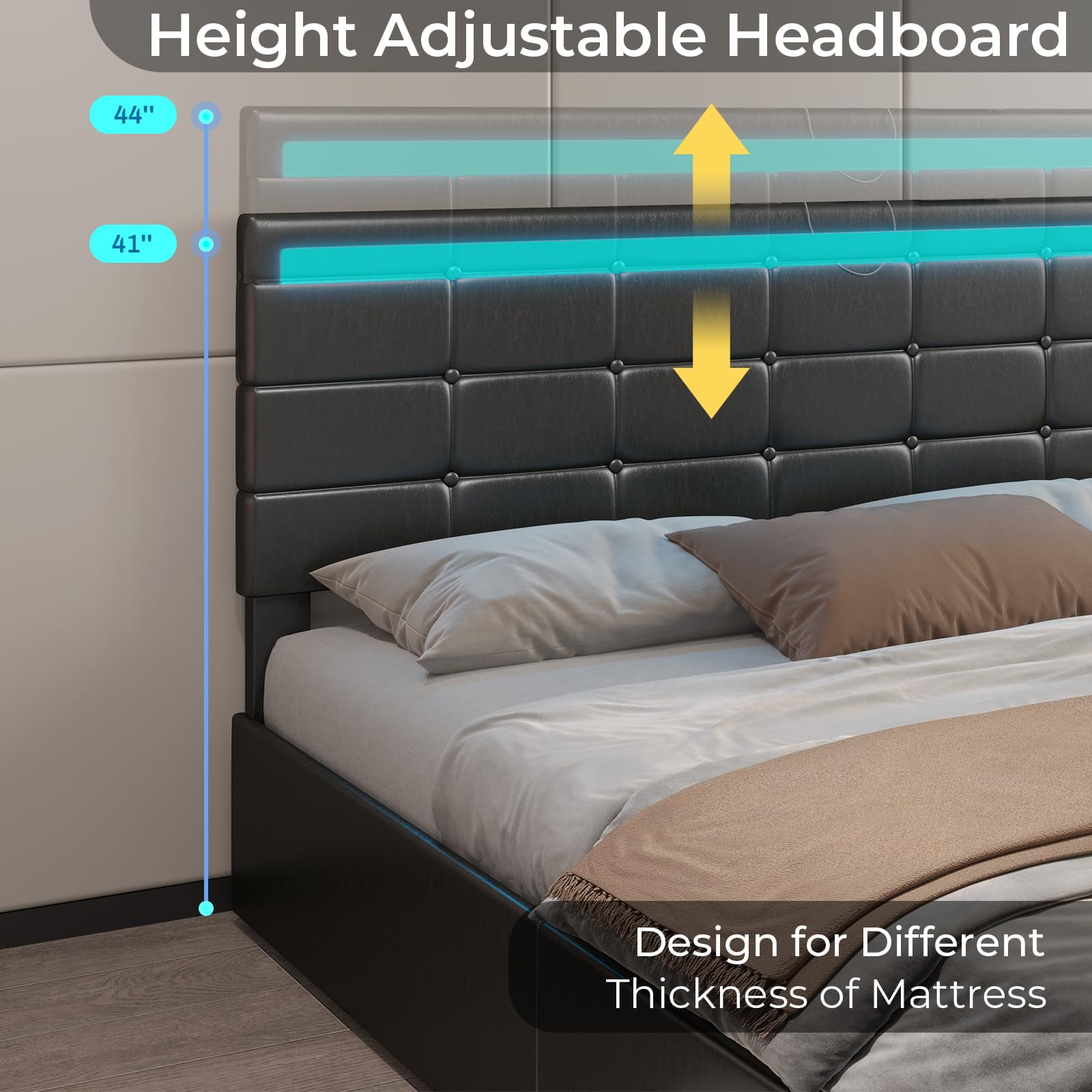 Amuzer Queen Size Bed Frame with USB, Upholstered Platform Bed Frame with Drawers and LED Lights, Black