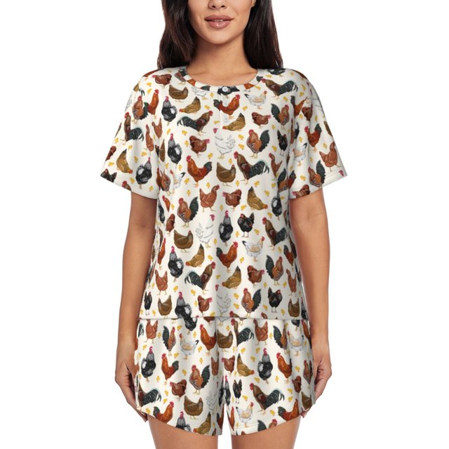 Balery Funny Chicken Conjunto de Pijama para Mujer con Estampado, Dos Piezas de Manga Corta y Shorts, Ropa de Dormir Suave con Cuello Redondo y Bolsillos-4X-Large