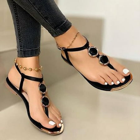 

VeliToy T Strap Sandals for Women Dressy Flat Gladiator Sandals Open Toe Casual Summer Boho Sandal Beach Roman Shoes(Black 38)